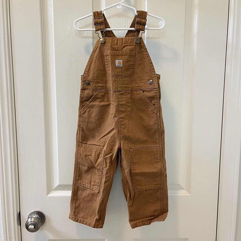 Carhartt Loose Fit Canvas Bib Overalls Duck Brown Double Knee Size 2T